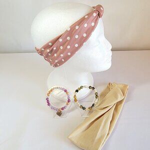 Mauve Polka Dot & Tan Boho Headbands With Matching Bracelet Sets, Womens Size M
